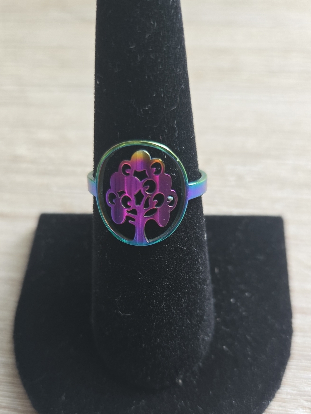 Iridescent Tree of Life Stainless Steel Ring - Purple Green.Size 7.